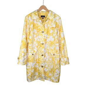 Lands End Floral Print Raincoat Womens XL Knee Length Trench Butter Yellow Retro